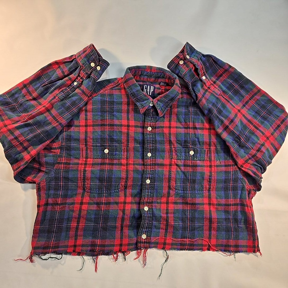 VTG Gap‎ XL Flannel Shirt Red Navy Plaid Cropped Raw Hem 1990s Grunge Hong Kong